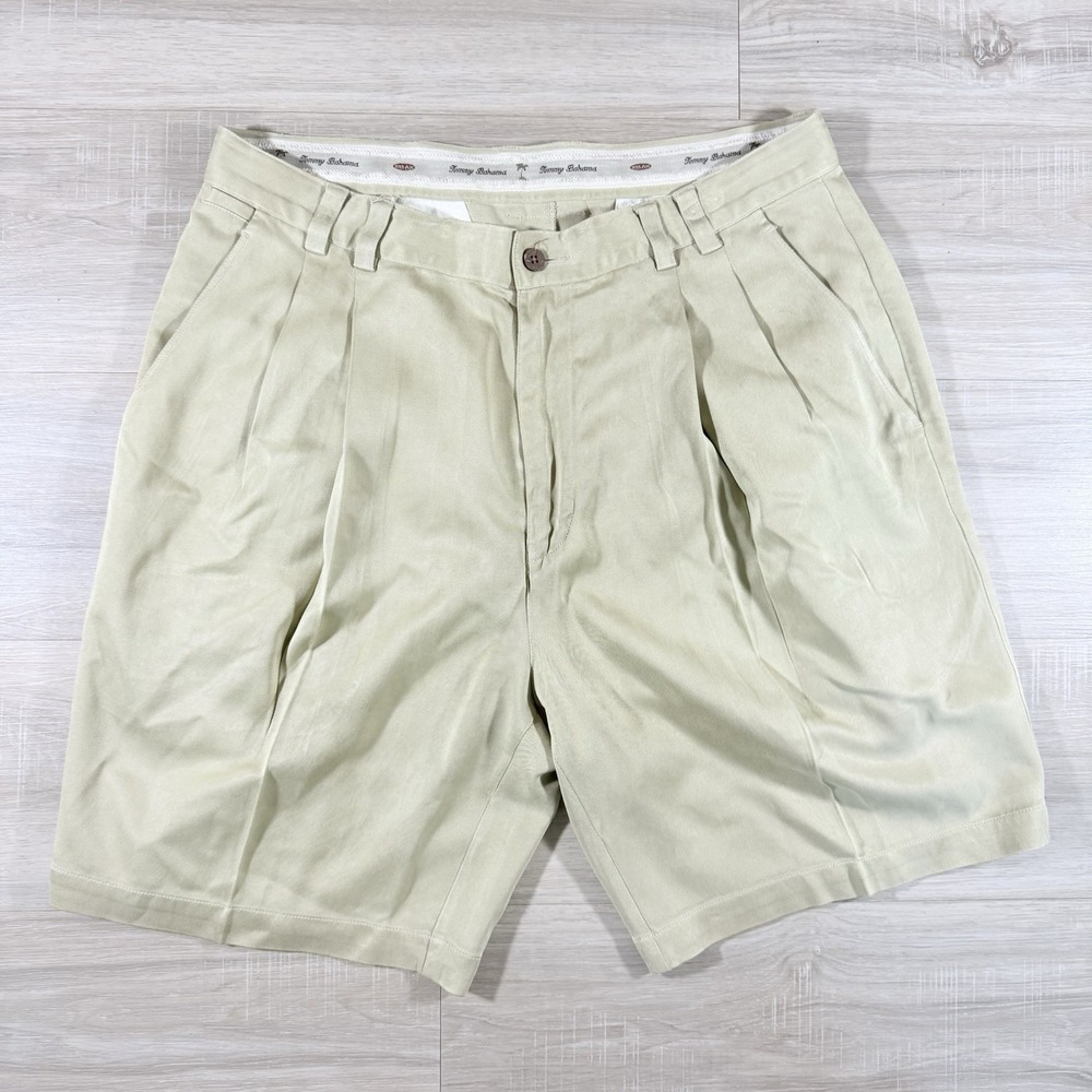 Tommy Bahama 100% Silk Shorts Size 34 Men's Twill Pleated Front  Brown Embroider